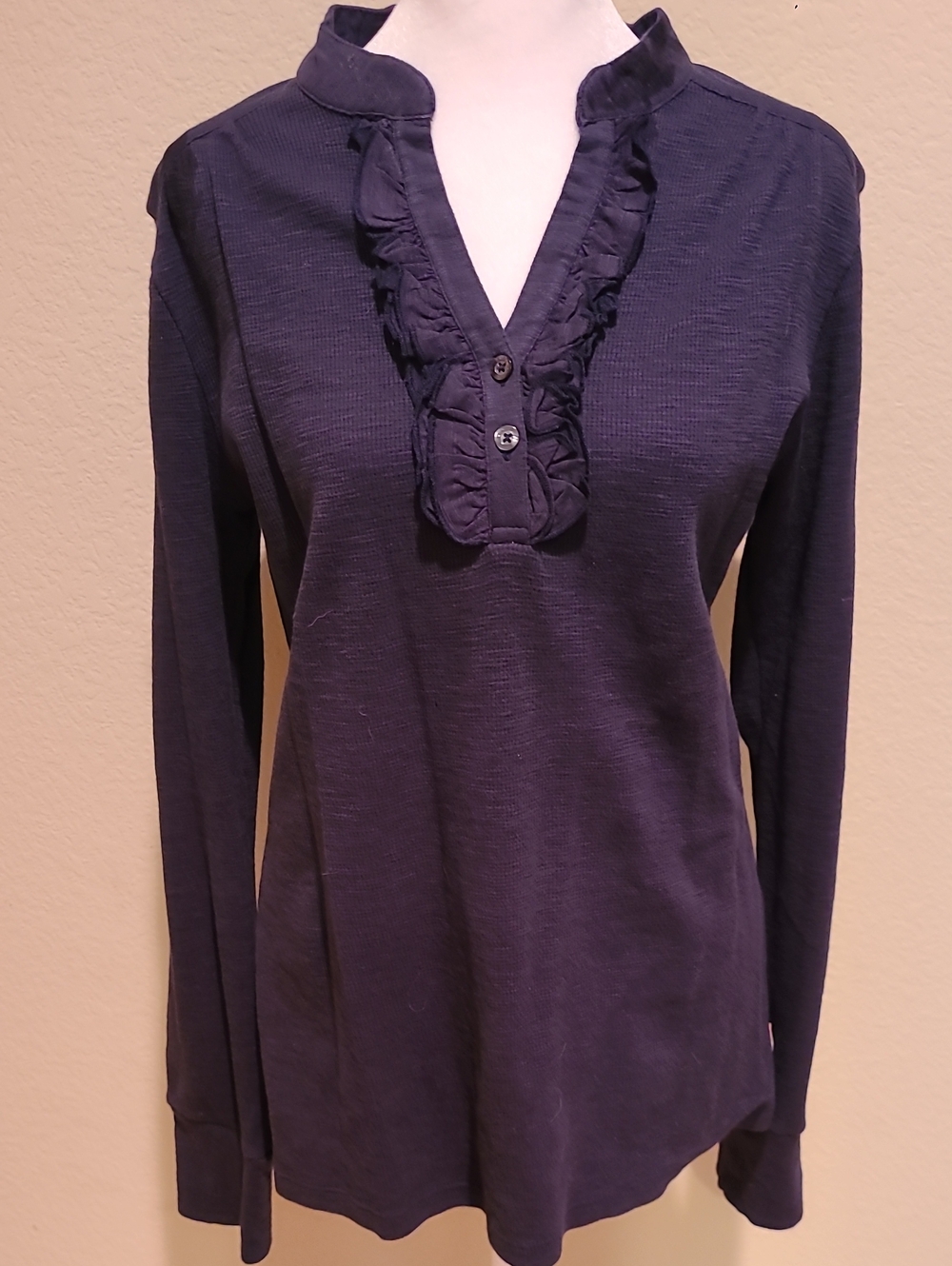 Polo Jeans Company Women's Ruffle Placket Long-Sleeve Top  Navy Size L